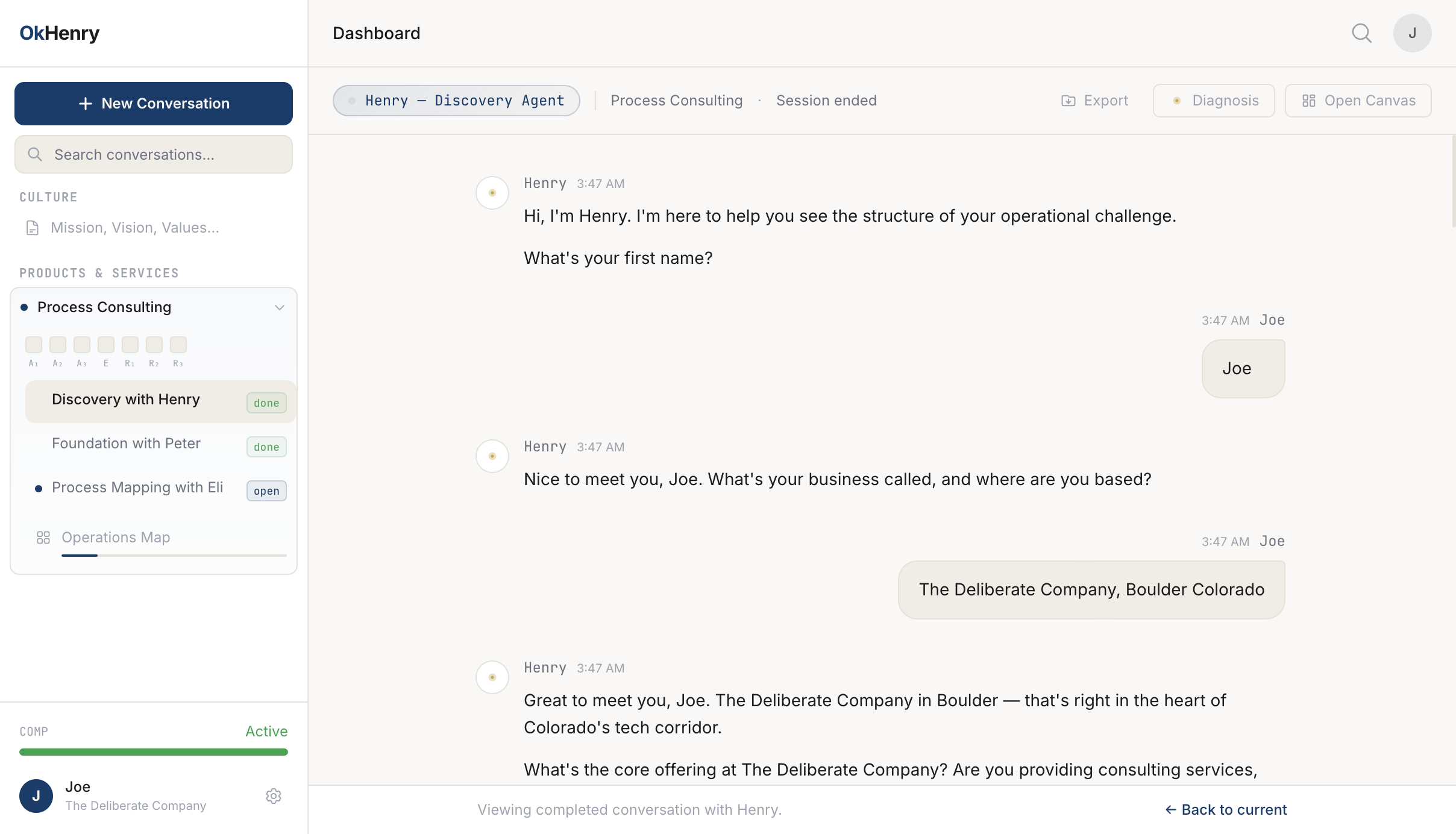 Discovery conversation with Henry showing structured dialogue